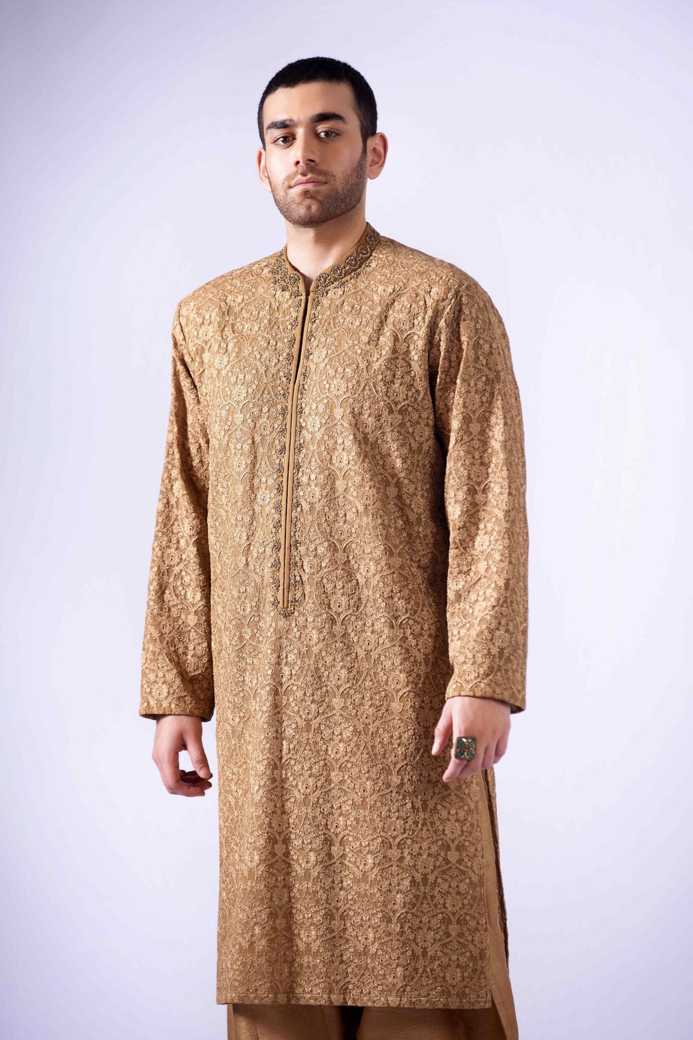 Skin Golden Zardozi Embroidered Chiffon Kurta (3-Piece) - Image 3