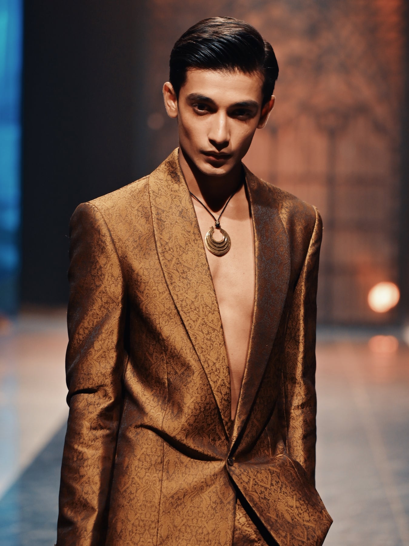 Gold Woven Jamawar Men's Tuxedo (2-Piece) - Image 2