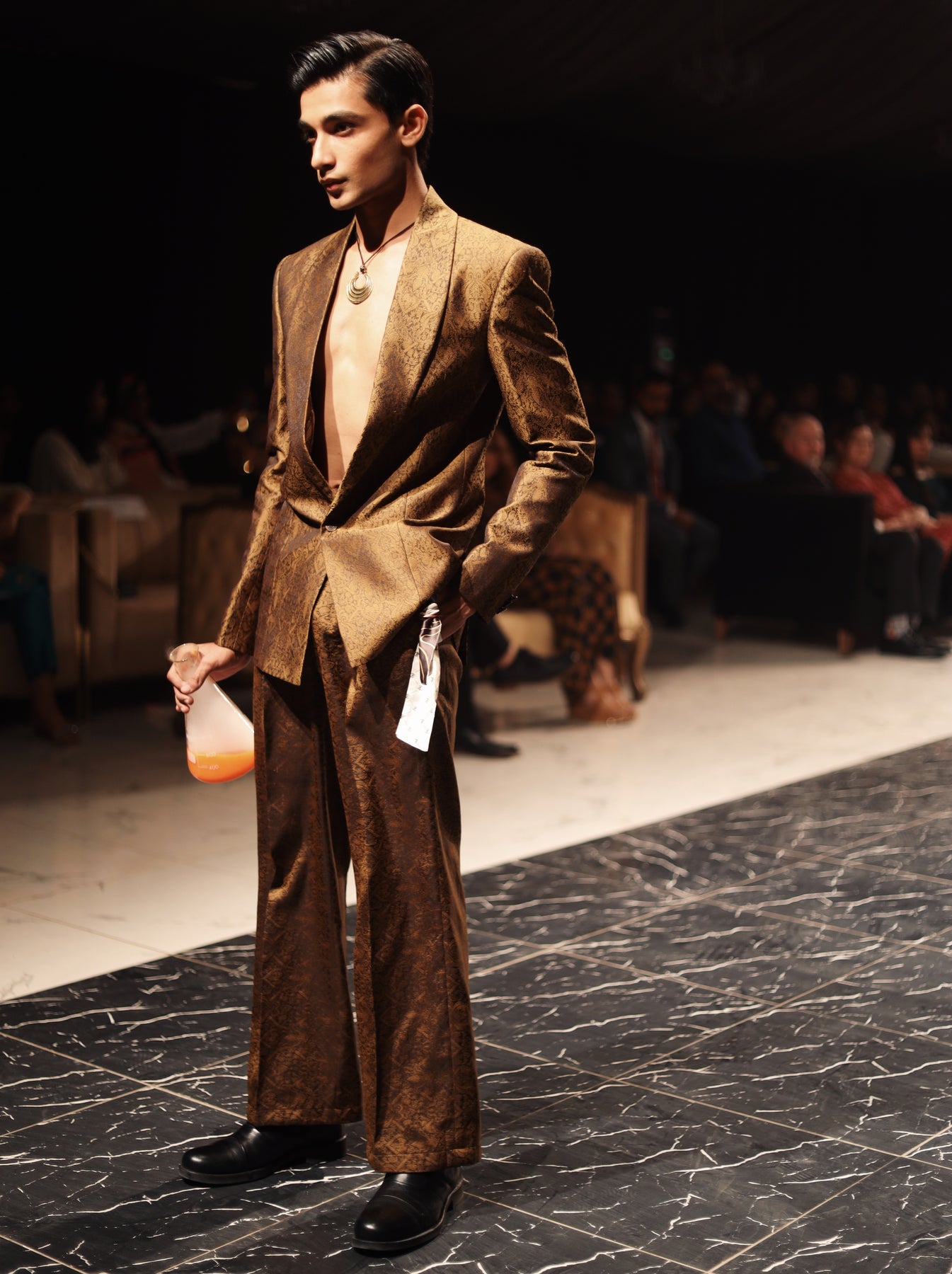 Gold Woven Jamawar Men's Tuxedo (2-Piece) - Image 3