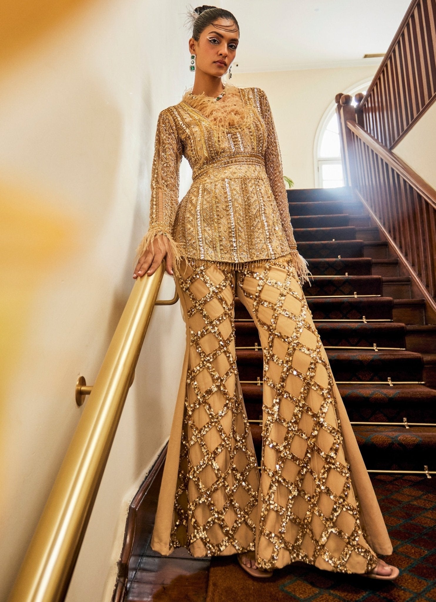 Gold Embroidered Crepe-Satin Peplum Kurta (3-Piece) - Image 1