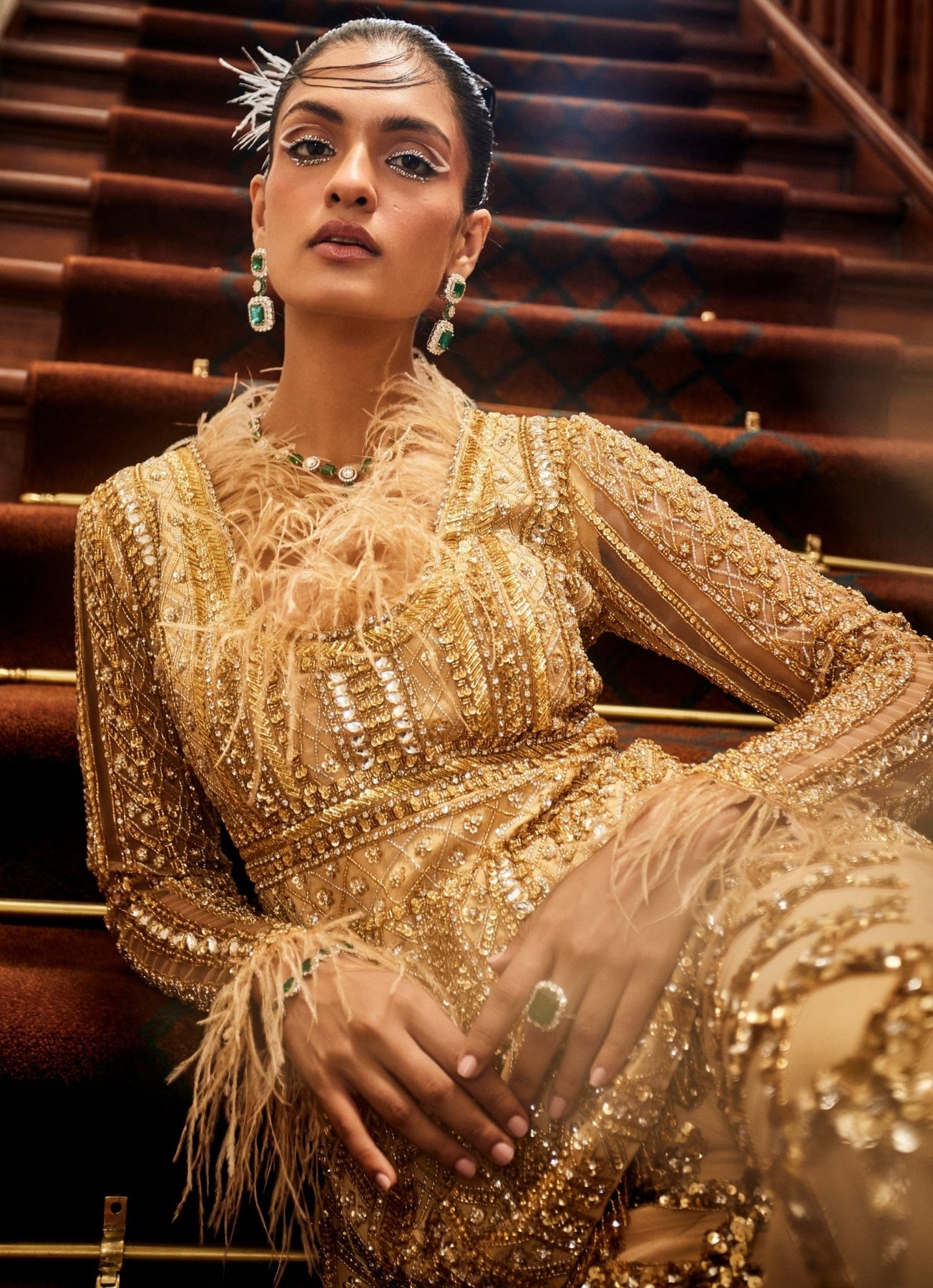 Gold Embroidered Crepe-Satin Peplum Kurta (3-Piece) - Image 3