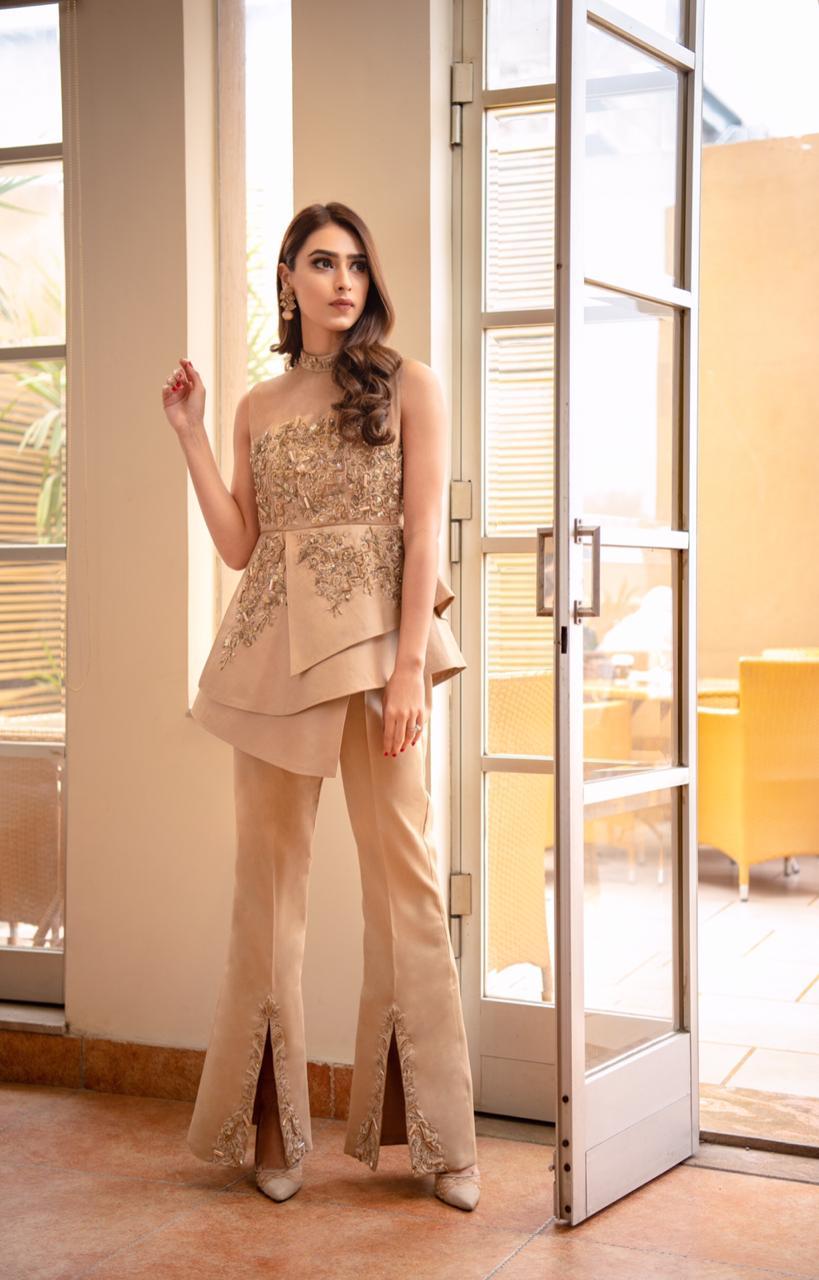 Pakistani Gold Embroidered Peplum with Flared Trousers (2-Piece) - Image 1