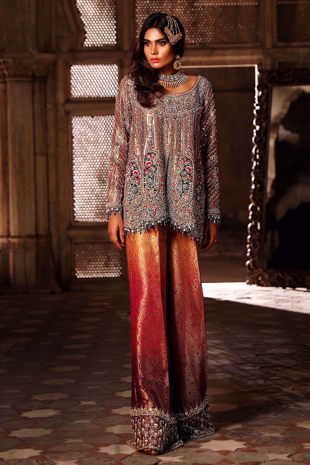 Pakistani Orange-Gold Embellished Lamé Silk Peplum (2-Piece) - Image 1