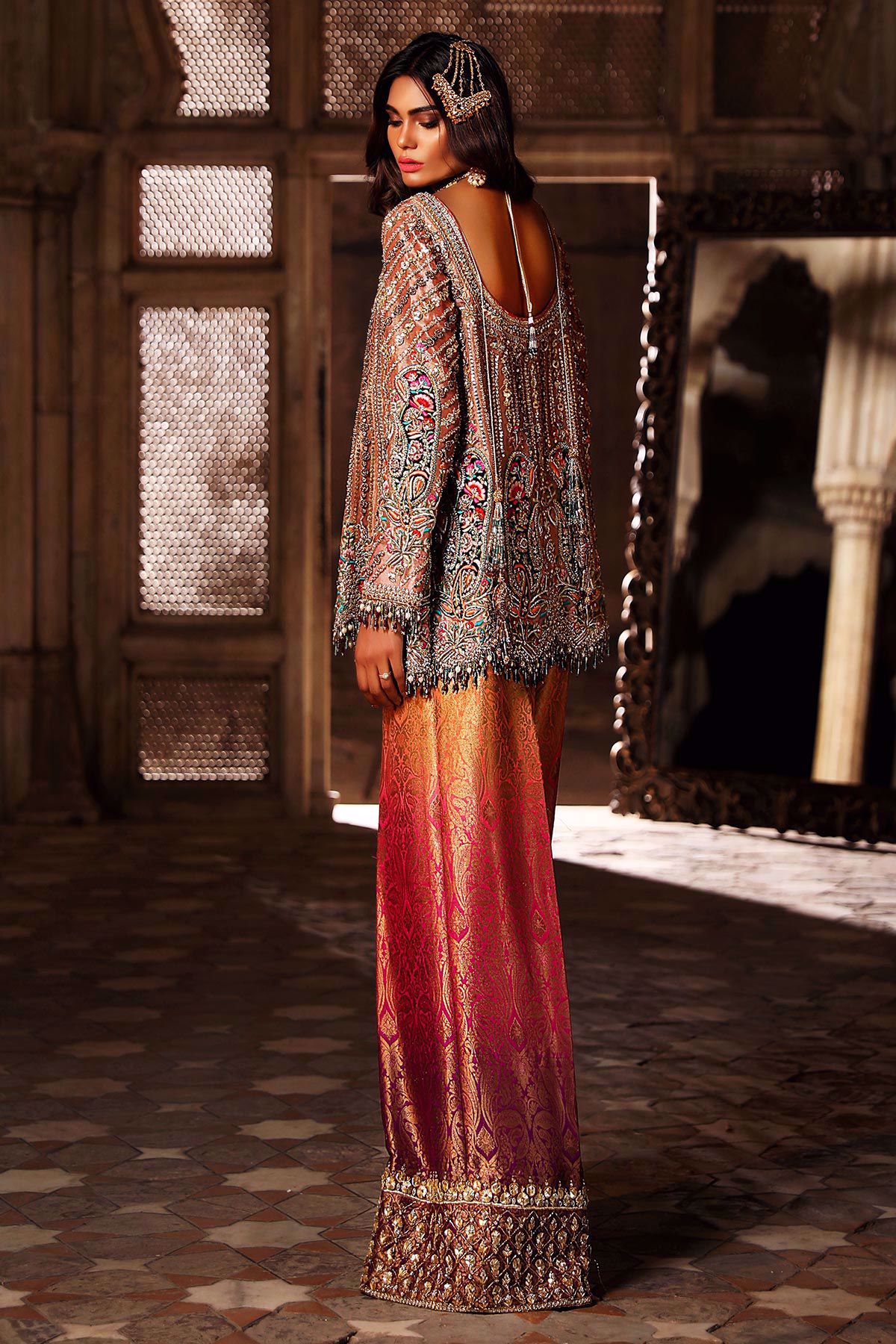 Pakistani Orange-Gold Embellished Lamé Silk Peplum (2-Piece) - Image 2