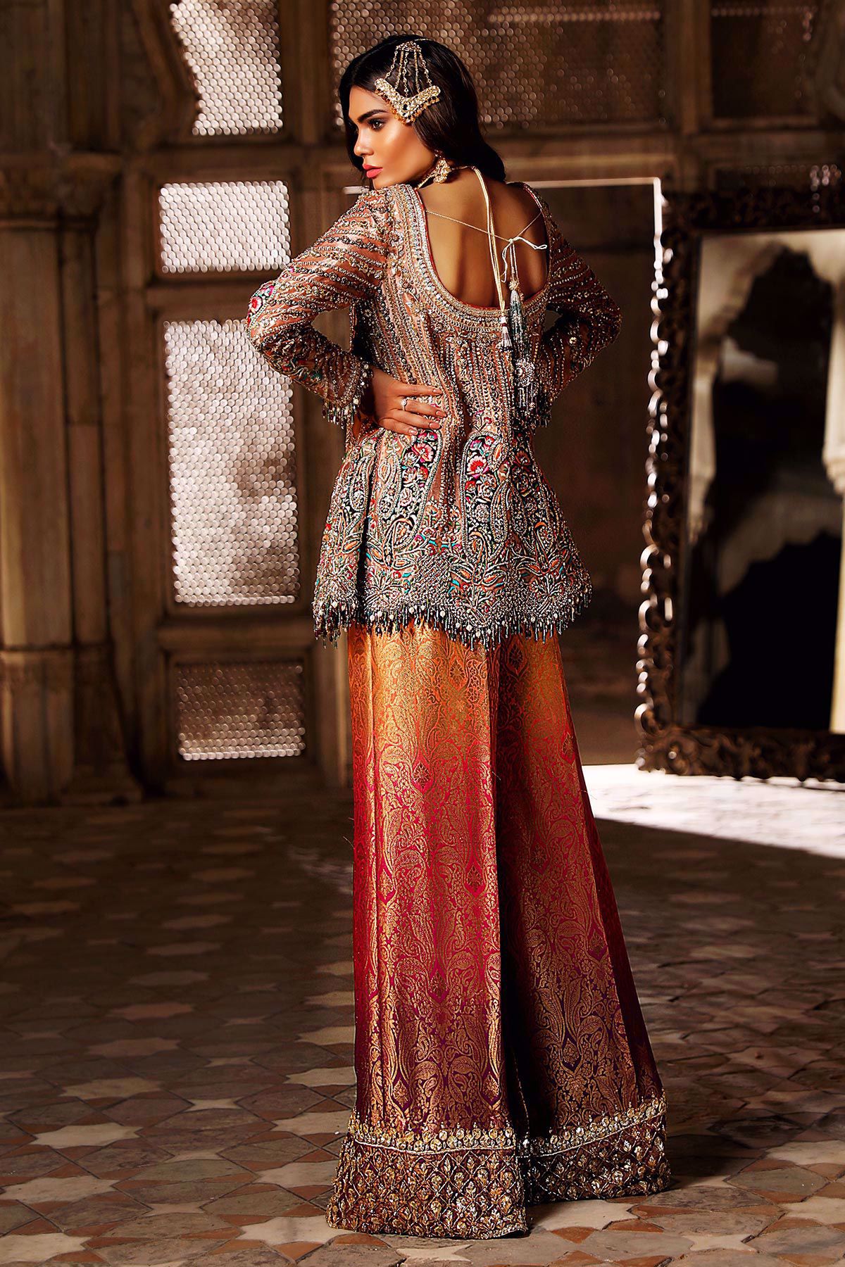 Pakistani Orange-Gold Embellished Lamé Silk Peplum (2-Piece) - Image 3