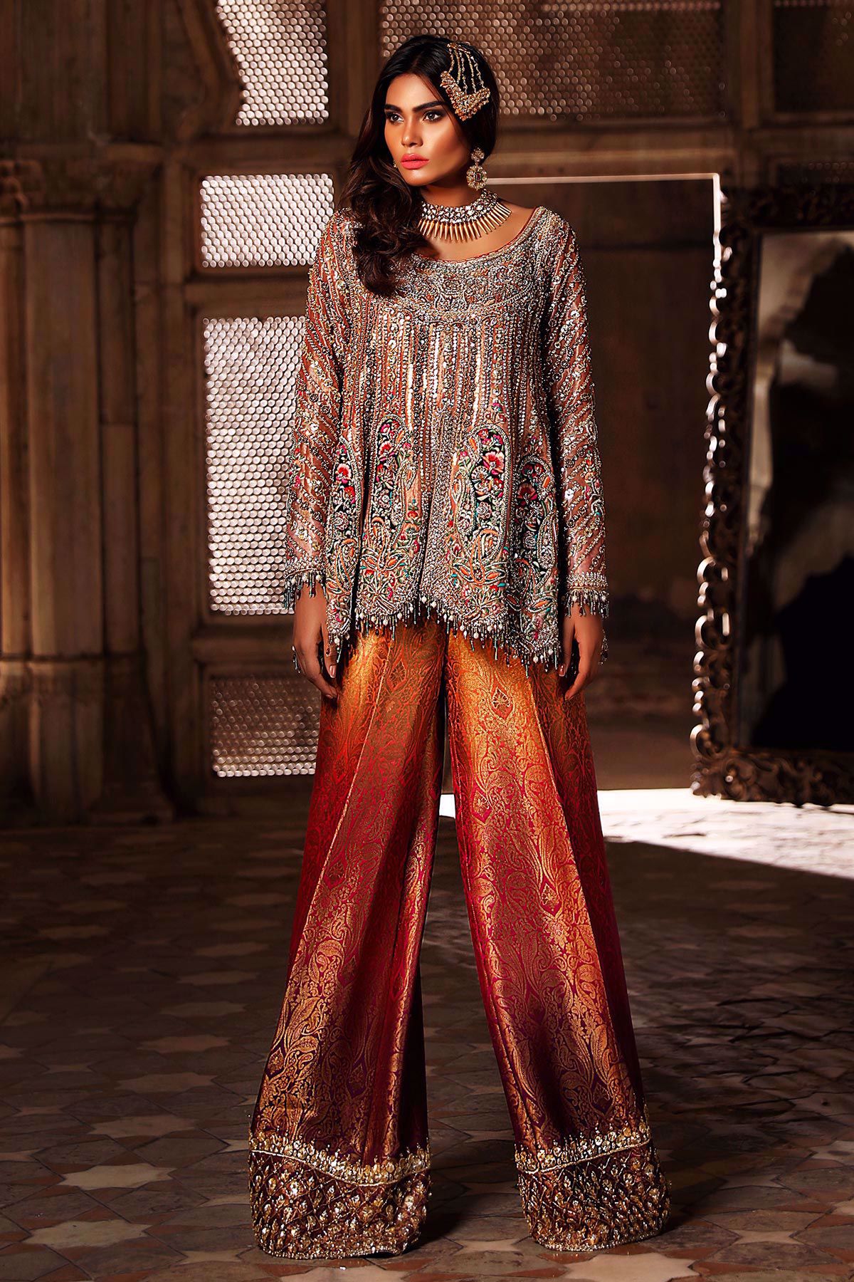 Pakistani Orange-Gold Embellished Lamé Silk Peplum (2-Piece) - Image 4