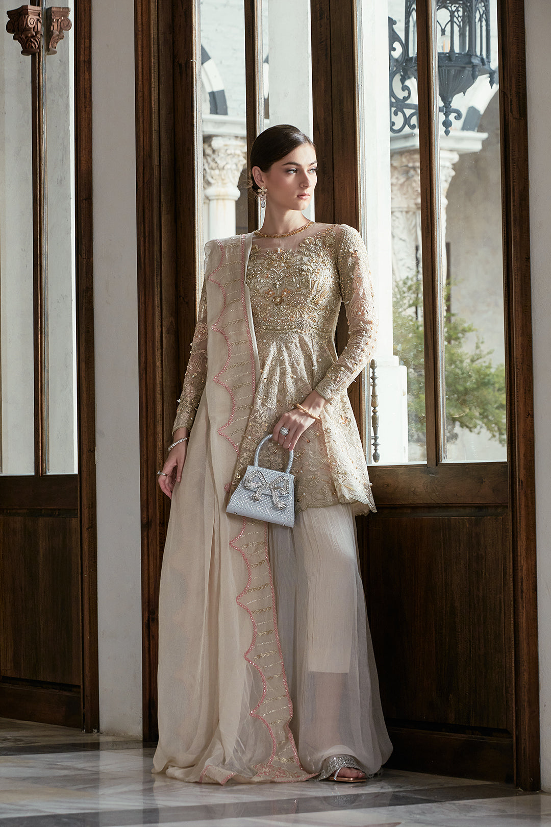 Pakistani Gold Embroidered Net Peplum with Flared Trousers (3-Piece) - Image 1