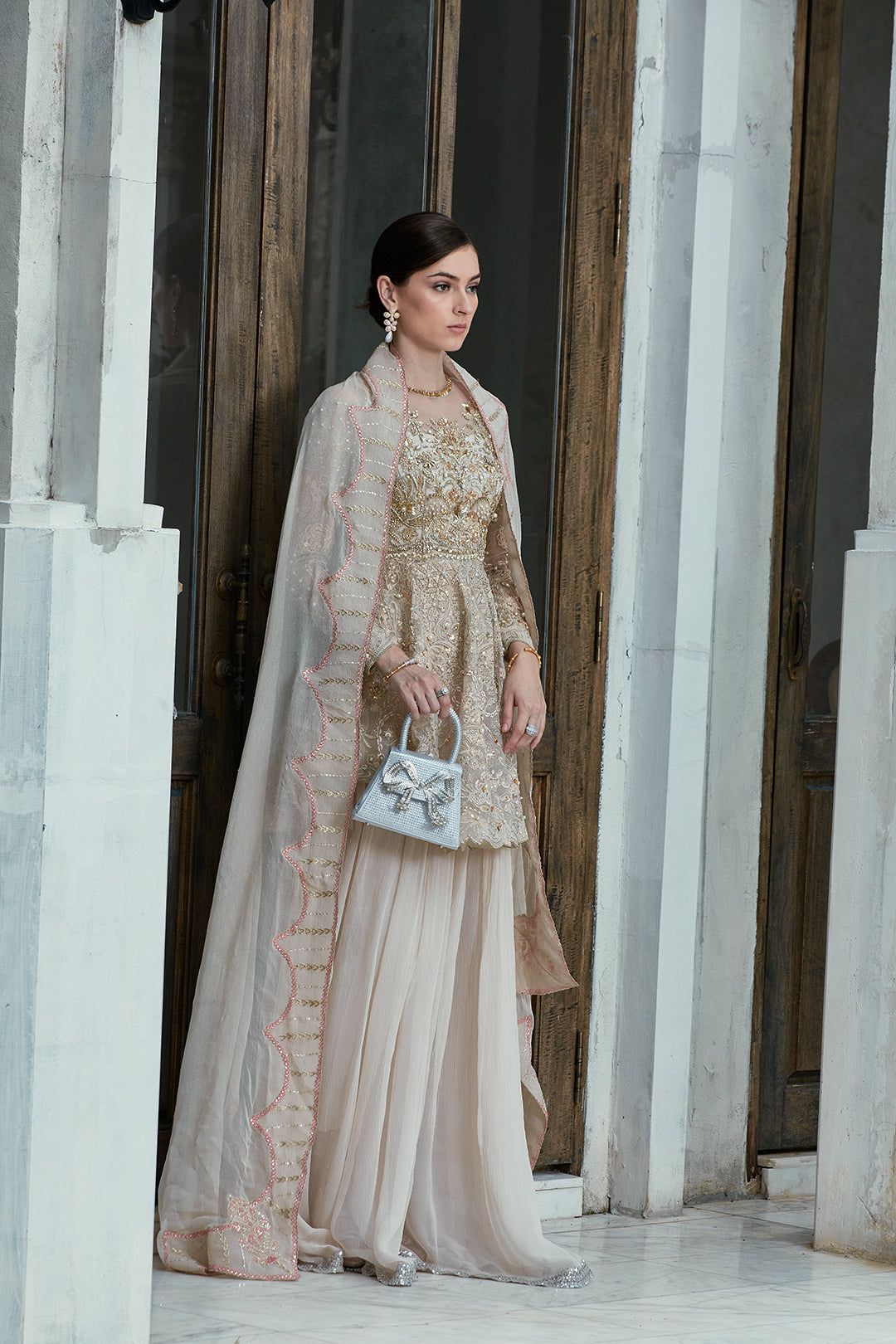 Pakistani Gold Embroidered Net Peplum with Flared Trousers (3-Piece) - Image 3