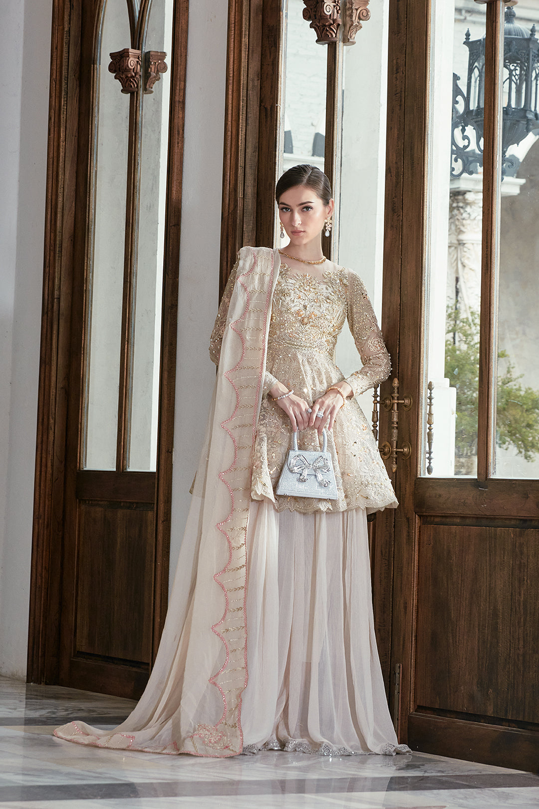 Pakistani Gold Embroidered Net Peplum with Flared Trousers (3-Piece) - Image 4