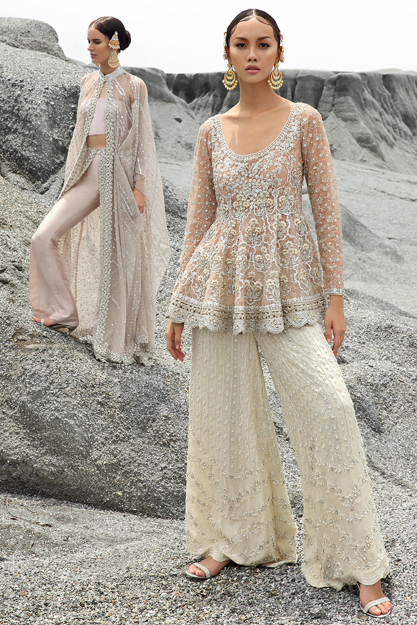 Butterscotch Hand-Embellished Net Peplum (2-Piece) - Image 1