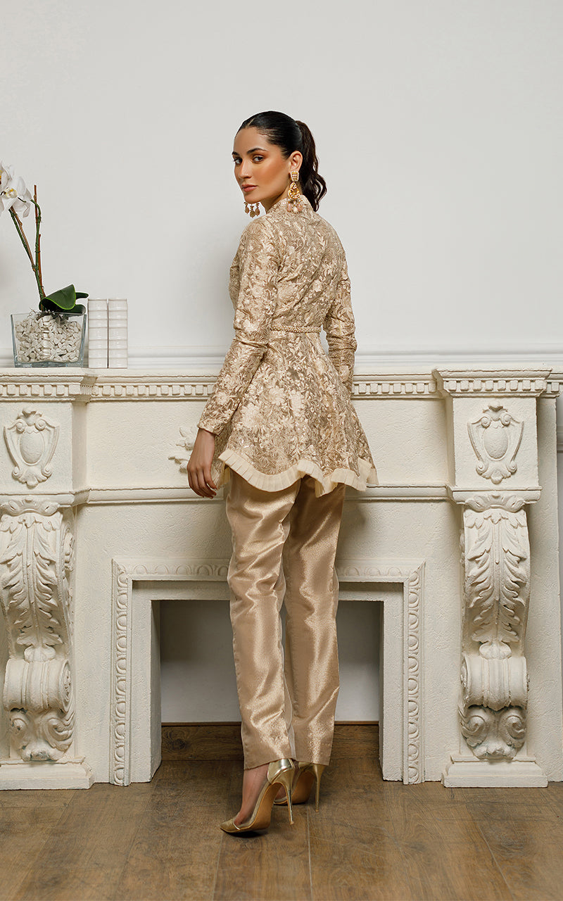 Champagne Gold Embroidered Net Peplum Dress (2-Piece) - Image 2