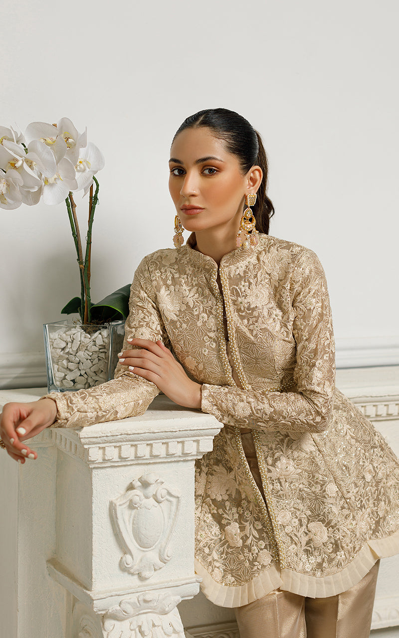 Champagne Gold Embroidered Net Peplum Dress (2-Piece) - Image 4