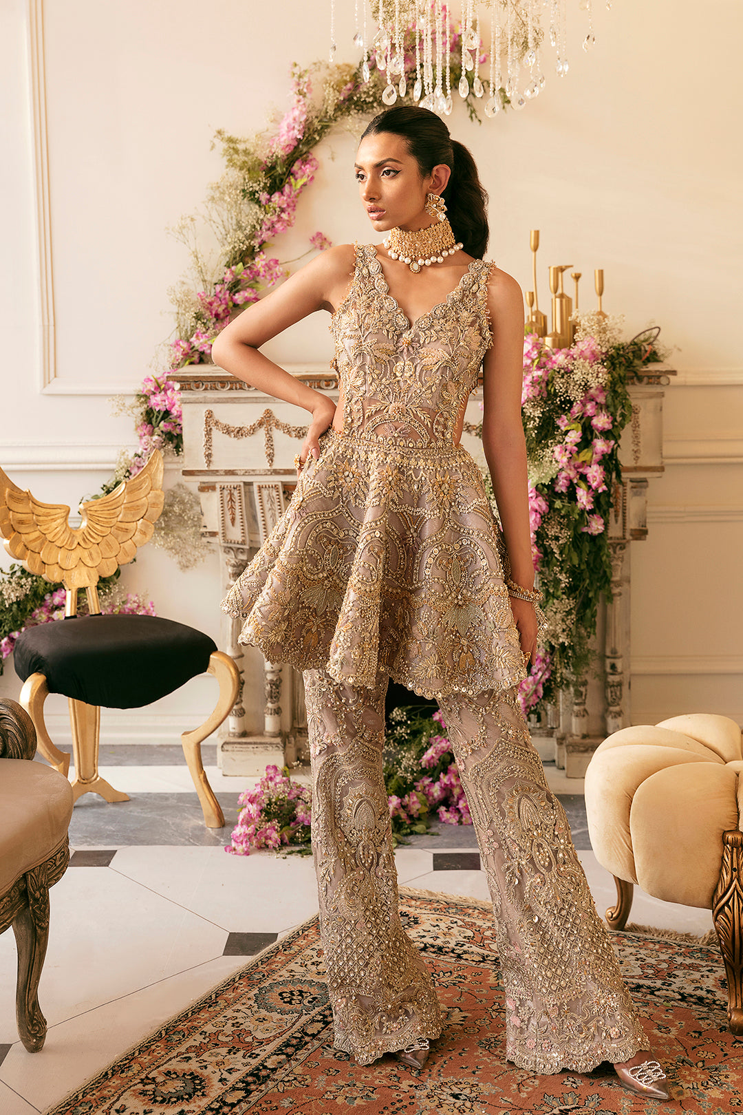 Gold Embellished Net Peplum with Flared Trousers (2-Piece) - Image 1