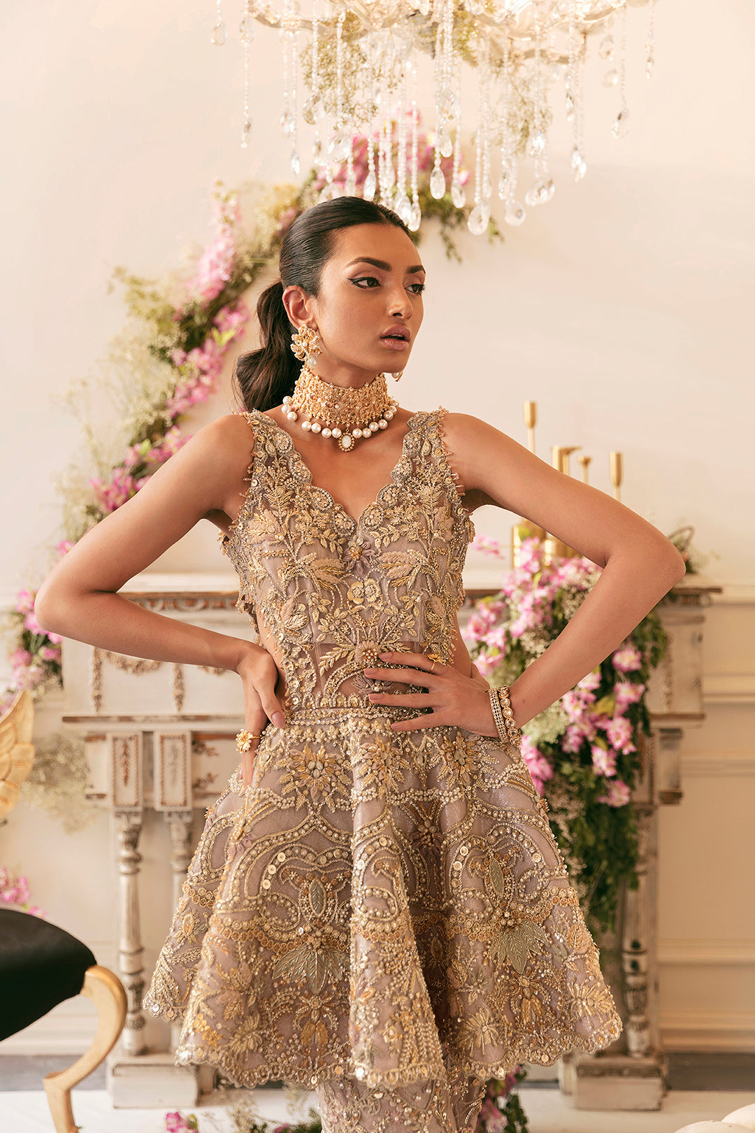 Gold Embellished Net Peplum with Flared Trousers (2-Piece) - Image 2