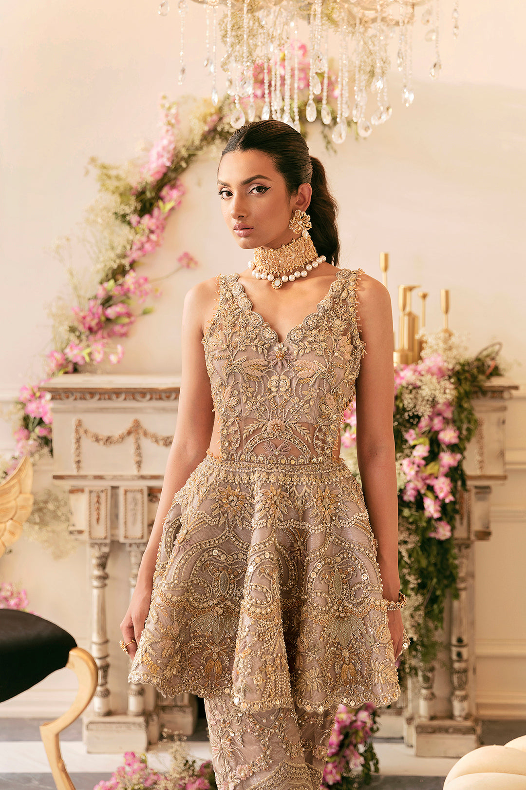 Gold Embellished Net Peplum with Flared Trousers (2-Piece) - Image 3