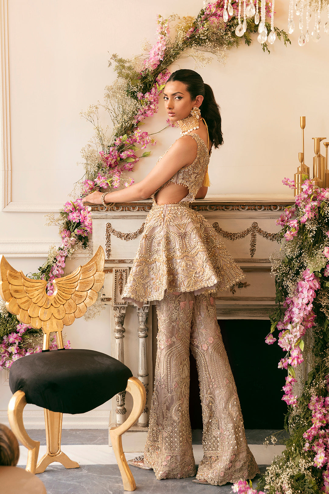 Gold Embellished Net Peplum with Flared Trousers (2-Piece) - Image 4