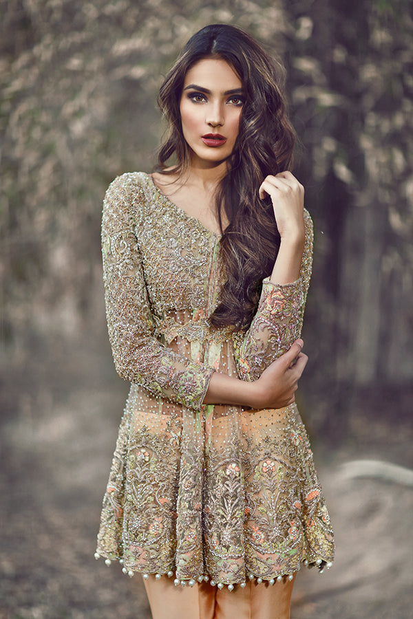 Muted Gold Embroidered Net Silk Peplum (2-Piece) - Image 2