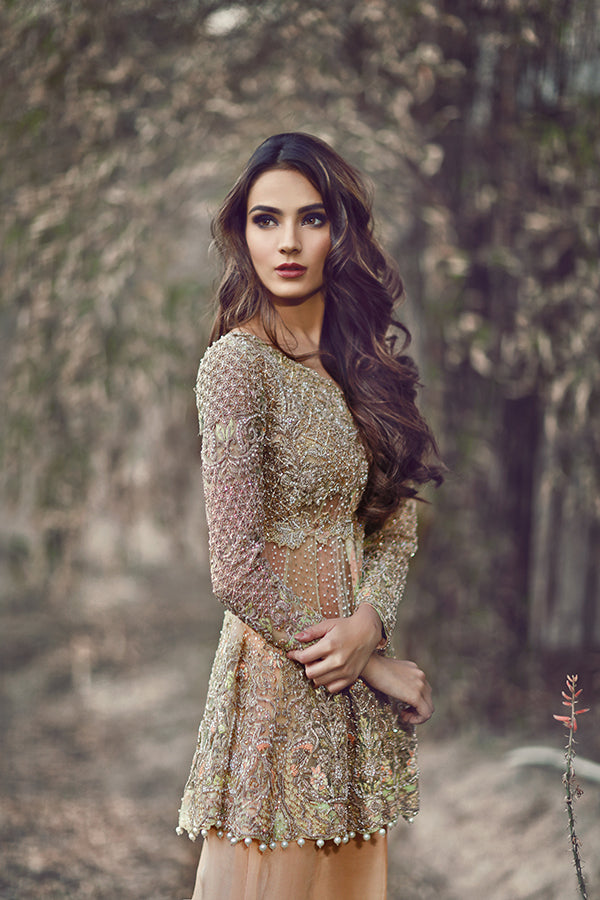 Muted Gold Embroidered Net Silk Peplum (2-Piece) - Image 3