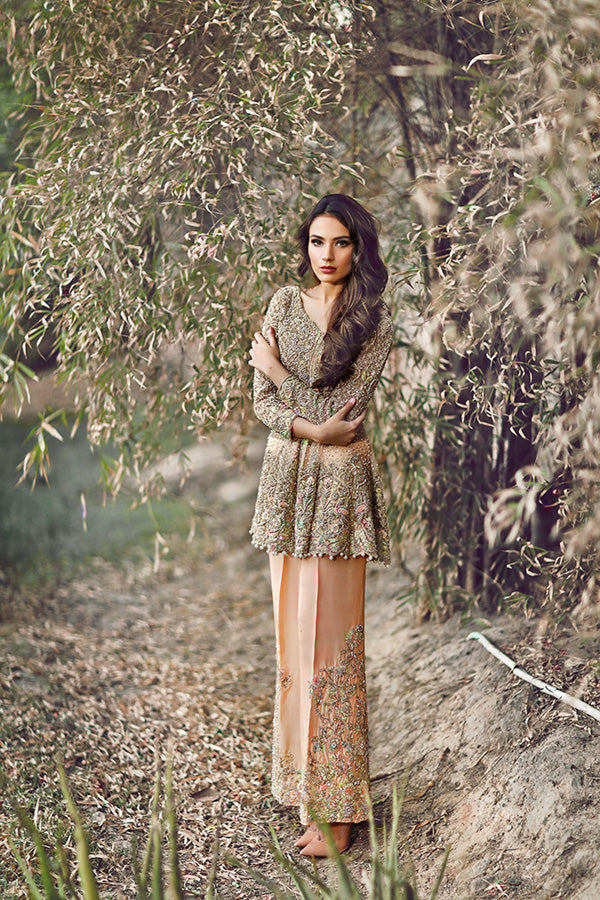 Muted Gold Embroidered Net Silk Peplum (2-Piece) - Image 4