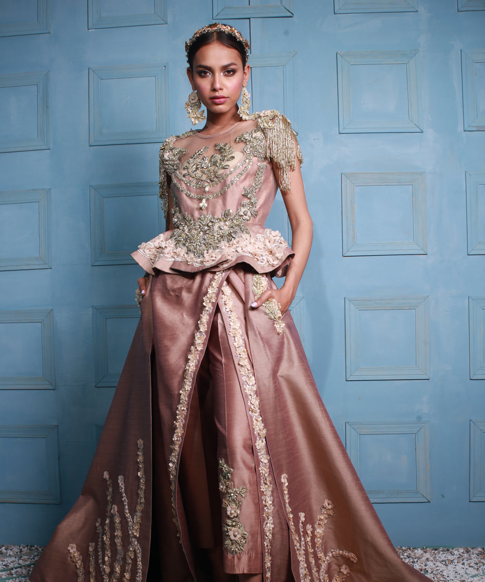 Rose Gold Embroidered Silk Peplum Gown (2-Piece) - Image 1