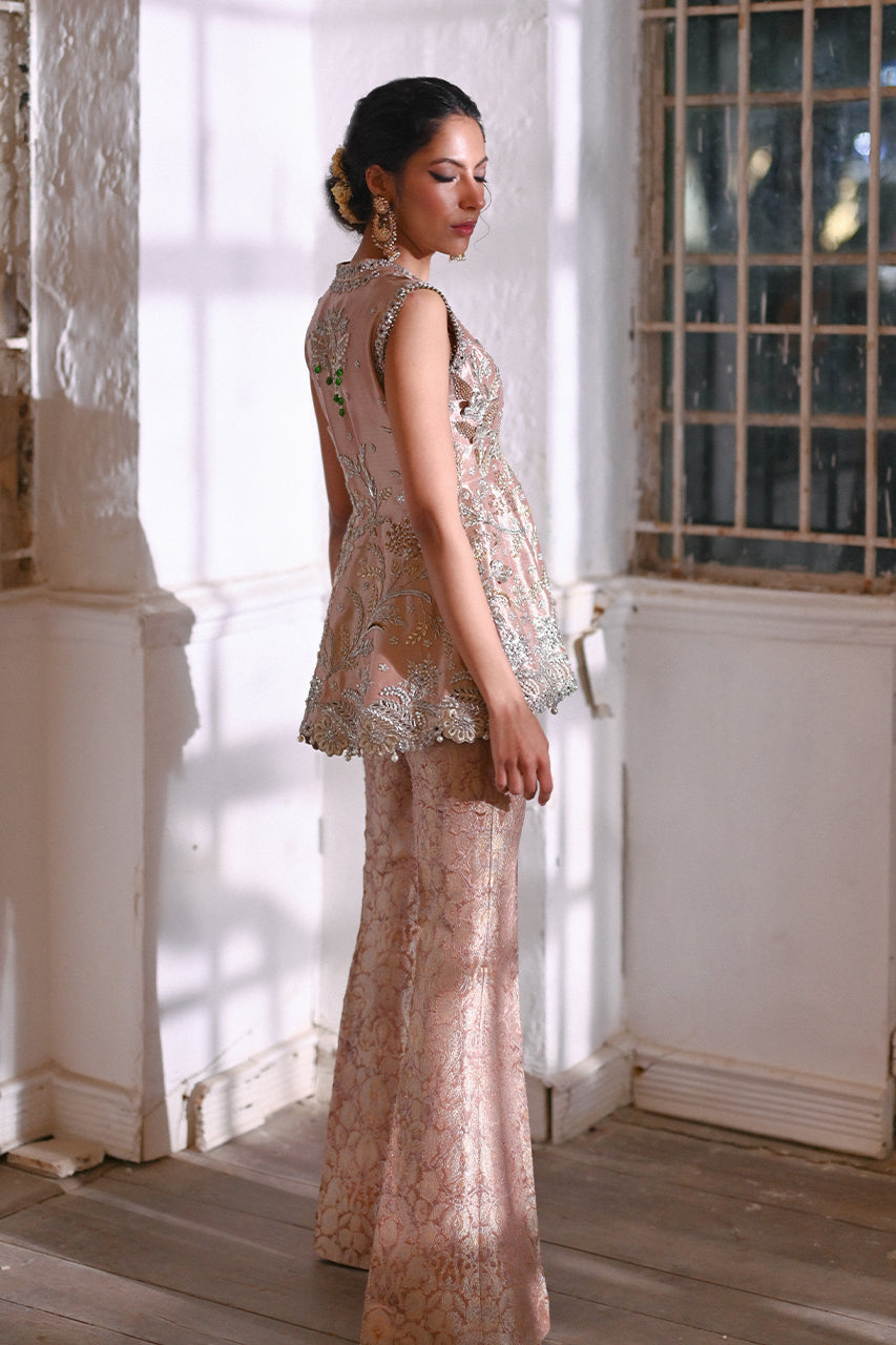Rose Gold Embroidered Tissue Peplum with Brocade Trousers (2-Piece) - Image 5