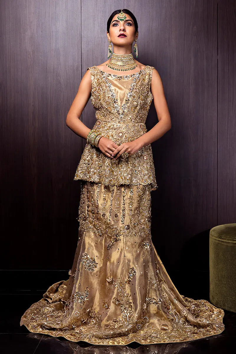 Dull Gold Embellished Tissue Peplum with Fishtail Lehenga (2-Piece) - Image 1