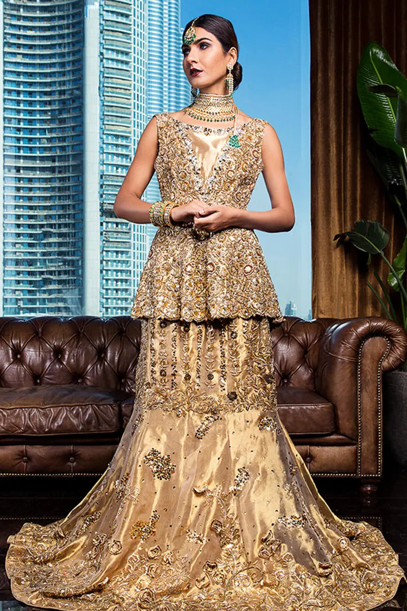 Dull Gold Embellished Tissue Peplum with Fishtail Lehenga (2-Piece) - Image 2