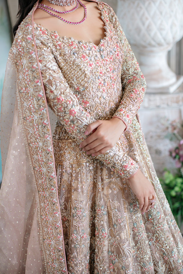 Rose Gold Zari Net Pishwas Dress (3-Piece) - Image 3