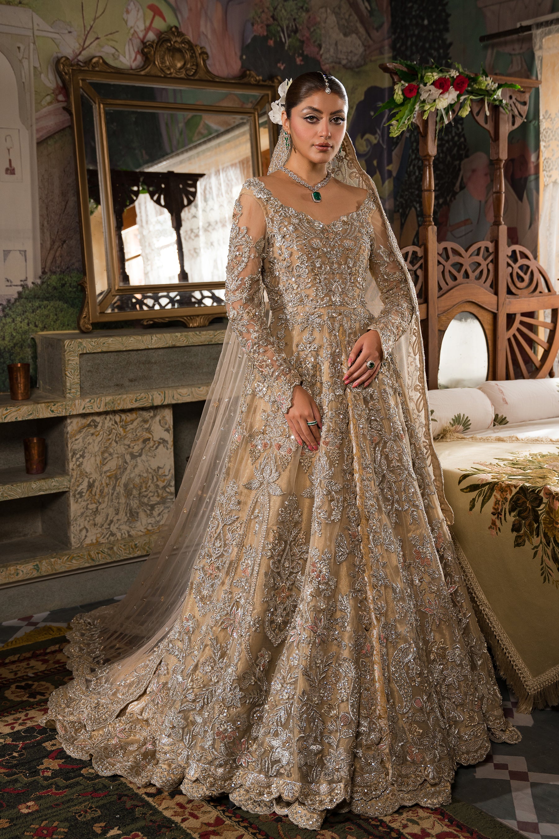 Champagne Ivory Zardozi Resham Bridal Pishwas (3-Piece) - Image 2