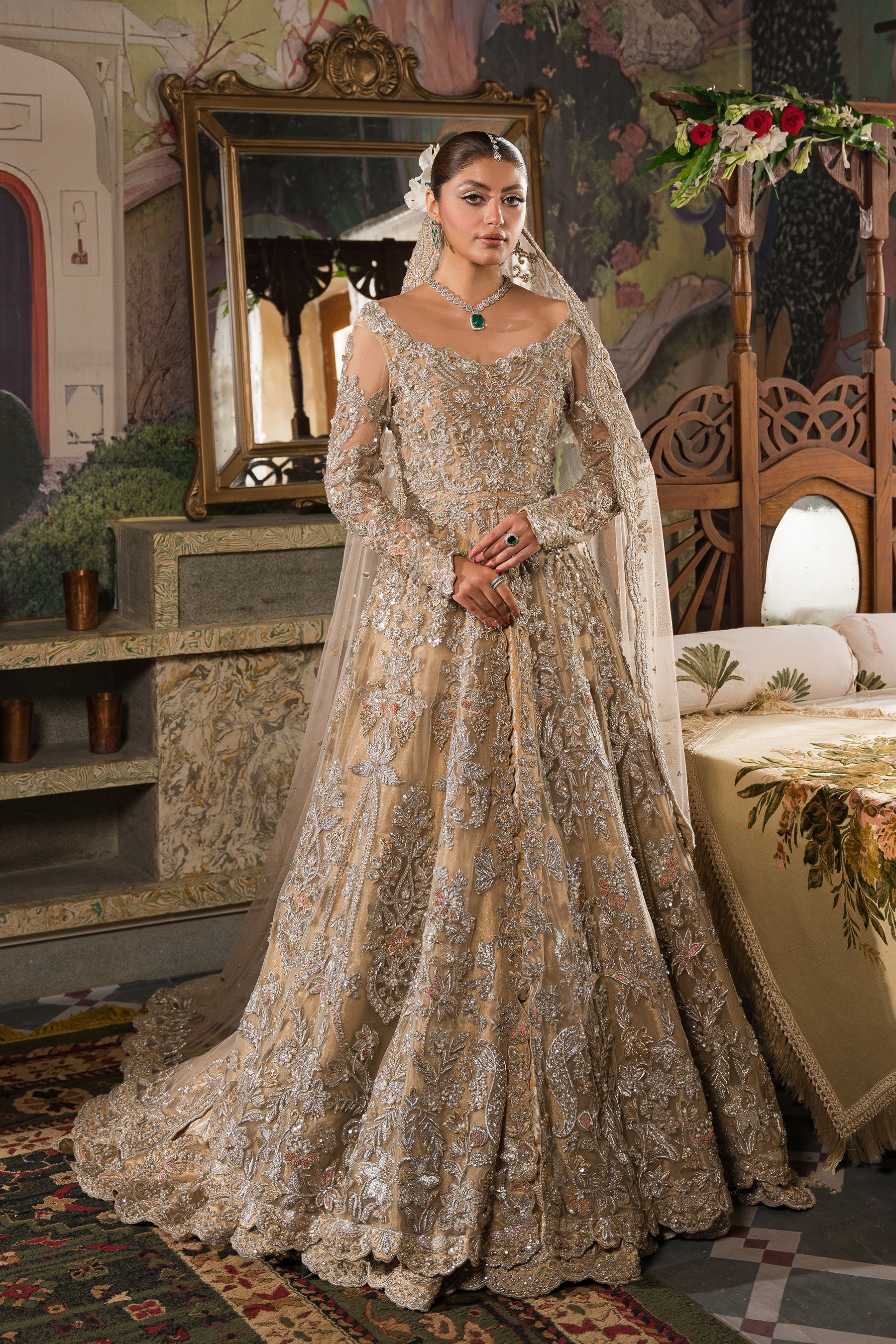 Pakistani Champagne Ivory Zardozi Resham Net Bridal Peshwas (3-Piece) - Image 1