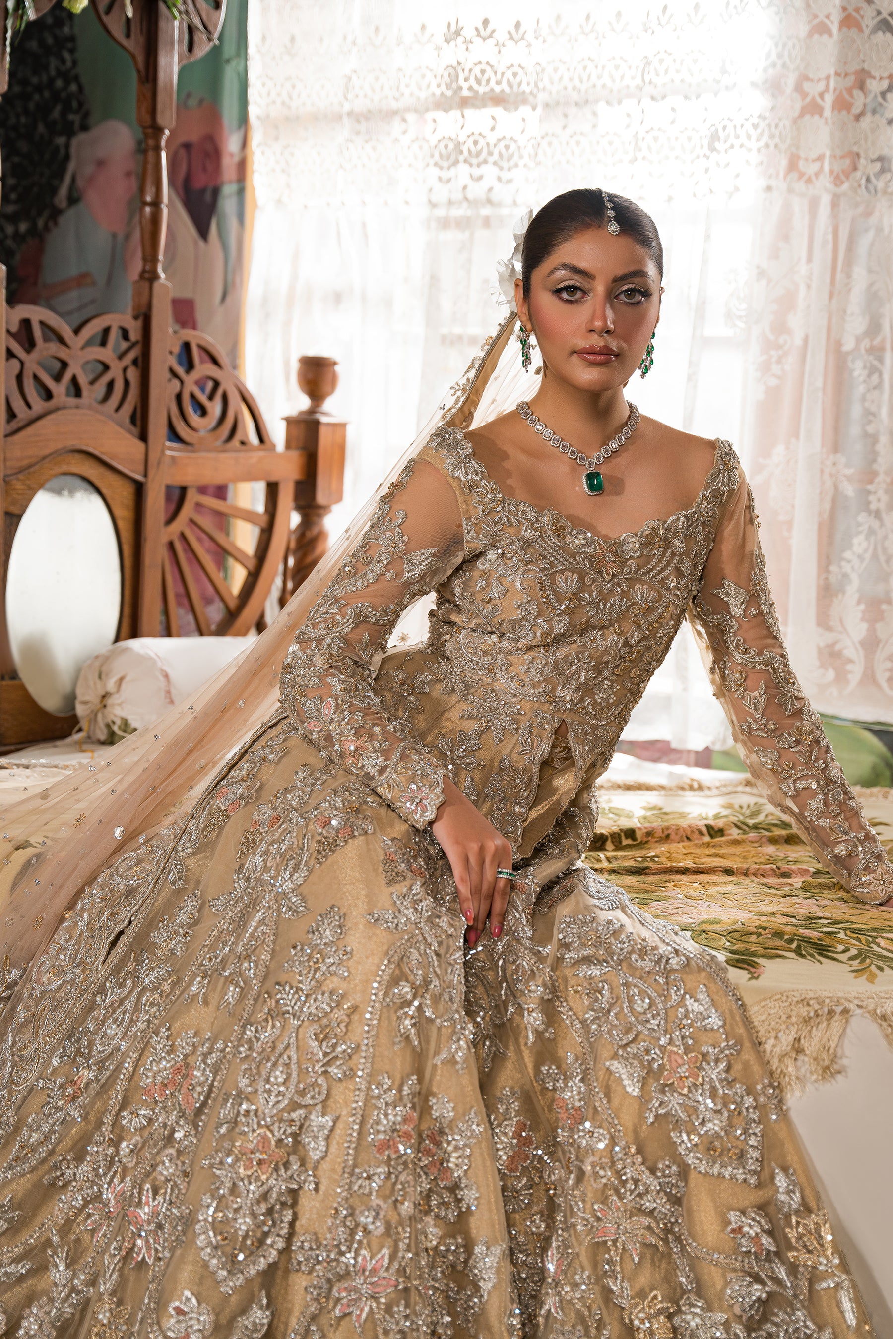 Pakistani Champagne Ivory Zardozi Resham Net Bridal Peshwas (3-Piece) - Image 7