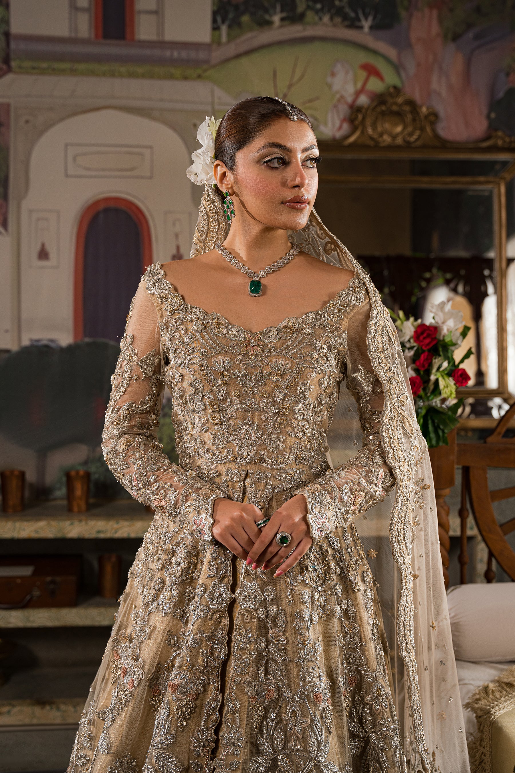 Pakistani Champagne Ivory Zardozi Resham Net Bridal Peshwas (3-Piece) - Image 8