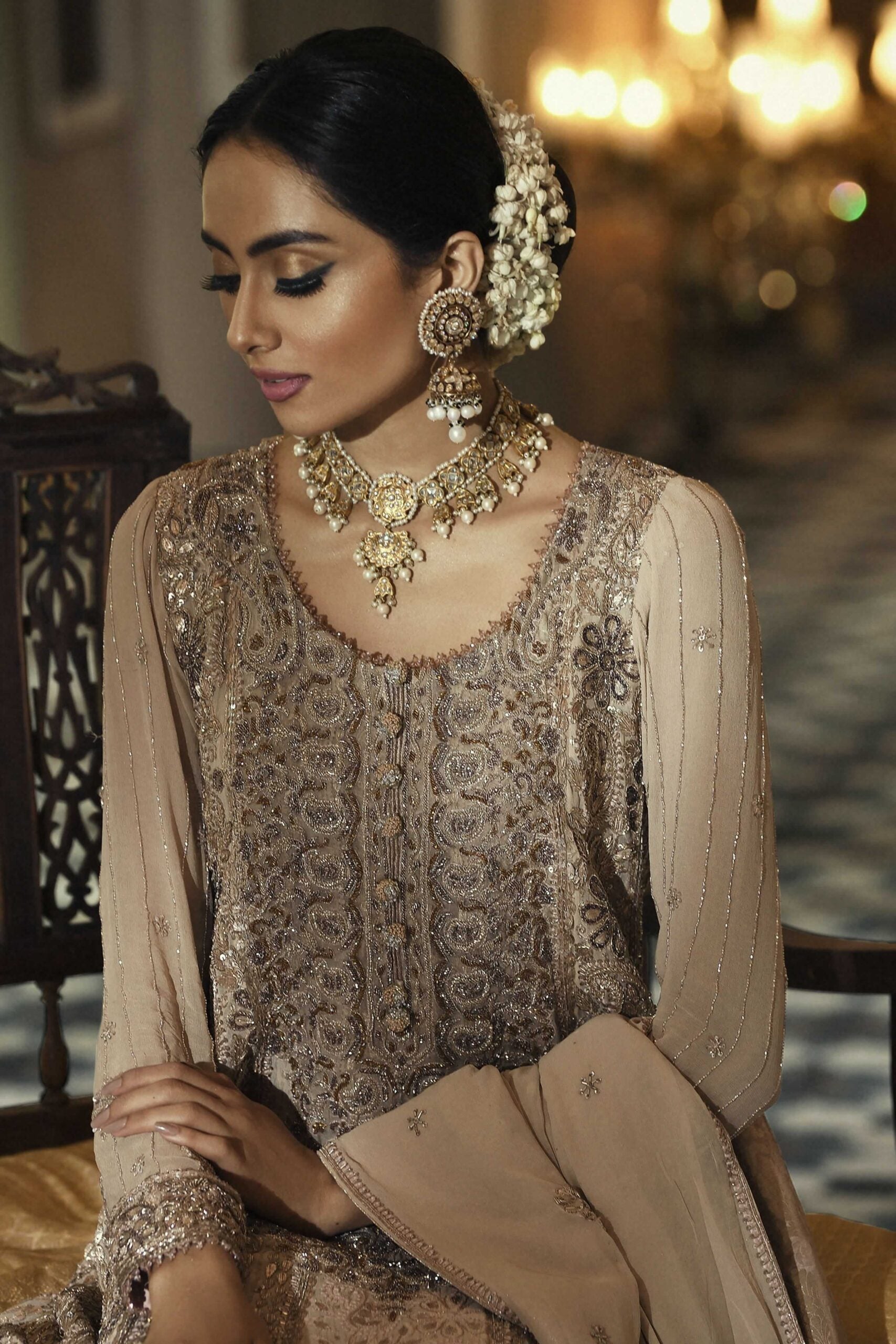 Pakistani Gold Chiffon Chikankari Pishwas Dress (3-Piece) - Image 2