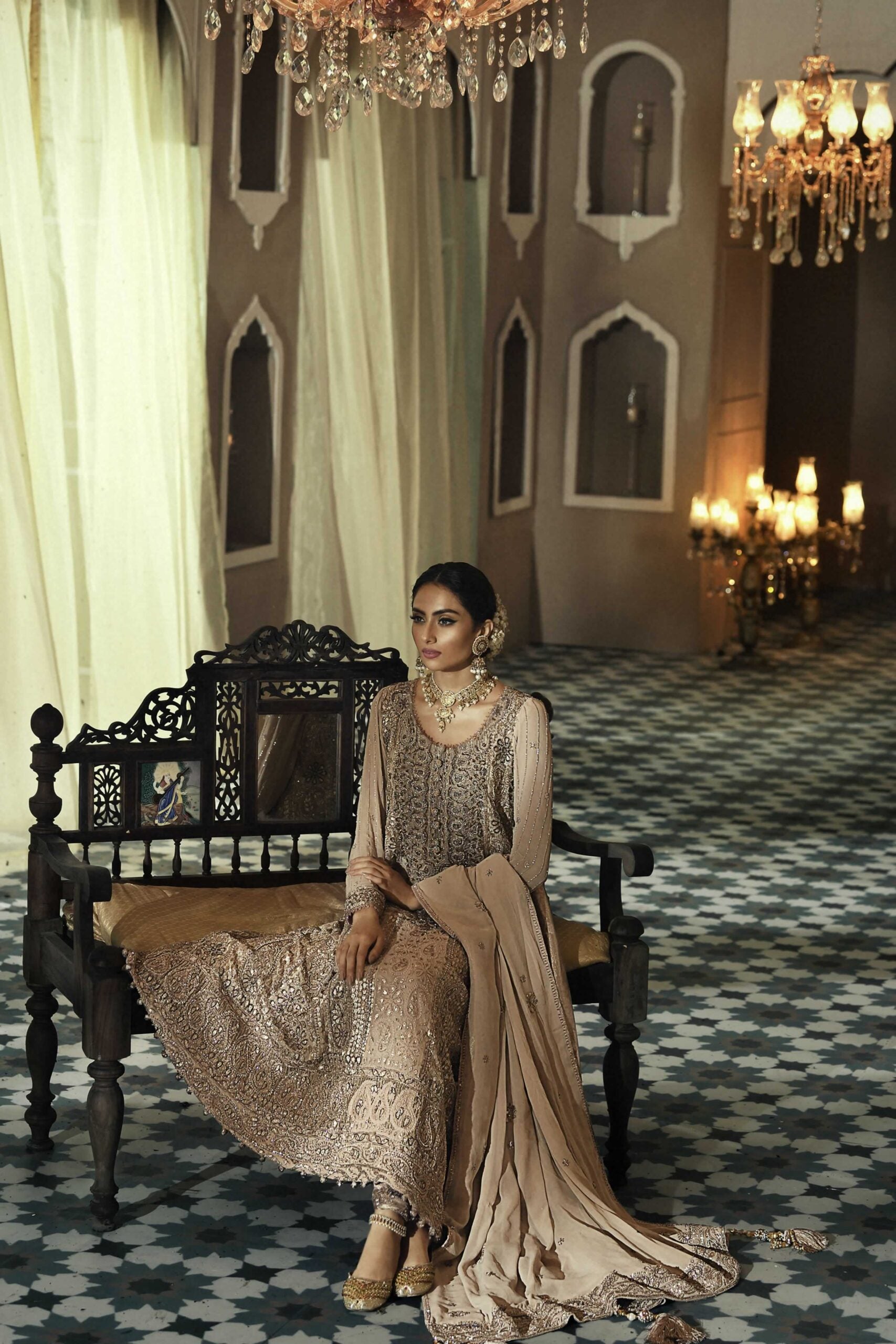Pakistani Gold Chiffon Chikankari Pishwas Dress (3-Piece) - Image 3