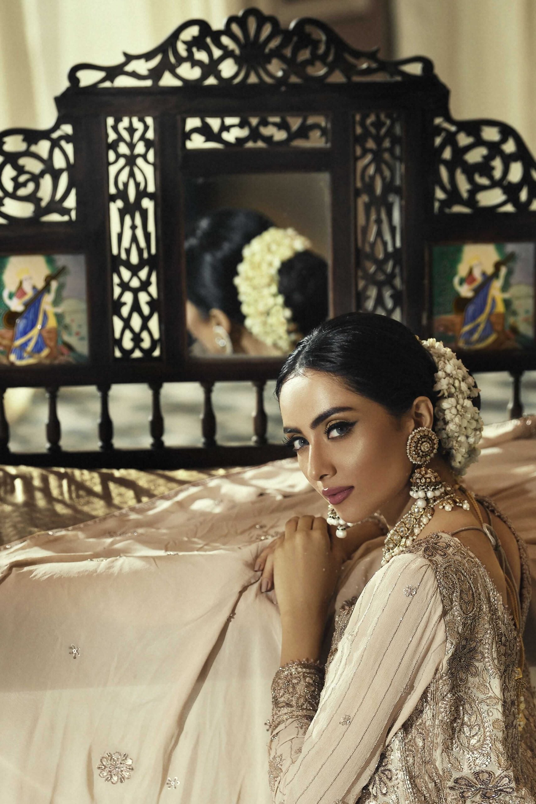 Pakistani Gold Chiffon Chikankari Pishwas Dress (3-Piece) - Image 4