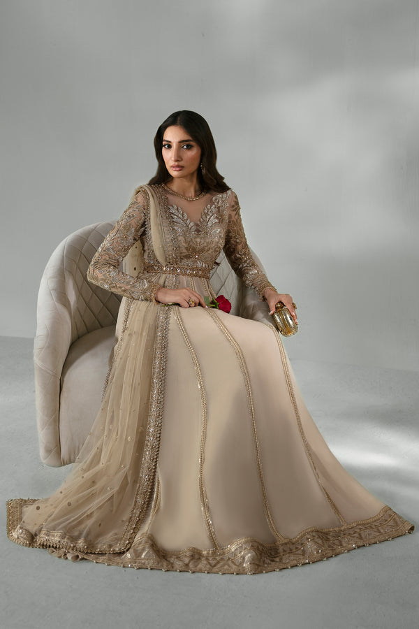 Pakistani Champagne Gold Hand-Embroidered Chiffon & Net Pishwas (3-Piece) - Image 3