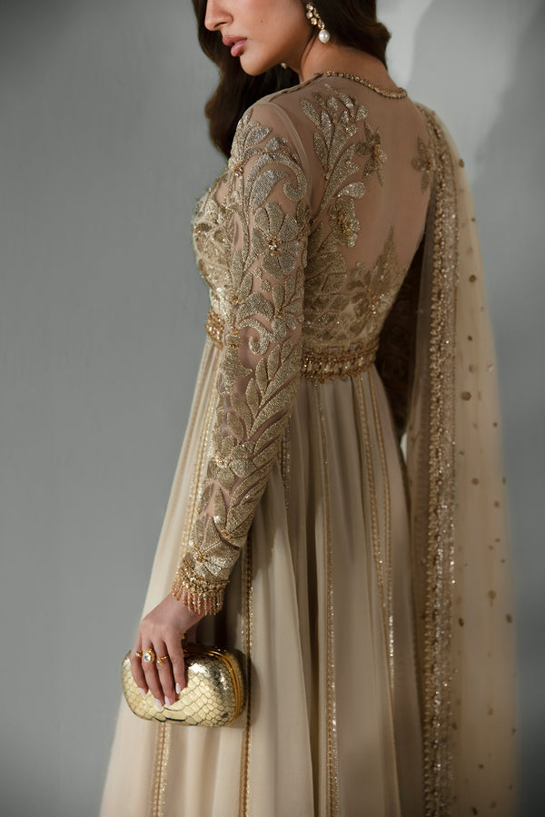 Pakistani Champagne Gold Hand-Embroidered Chiffon & Net Pishwas (3-Piece) - Image 5