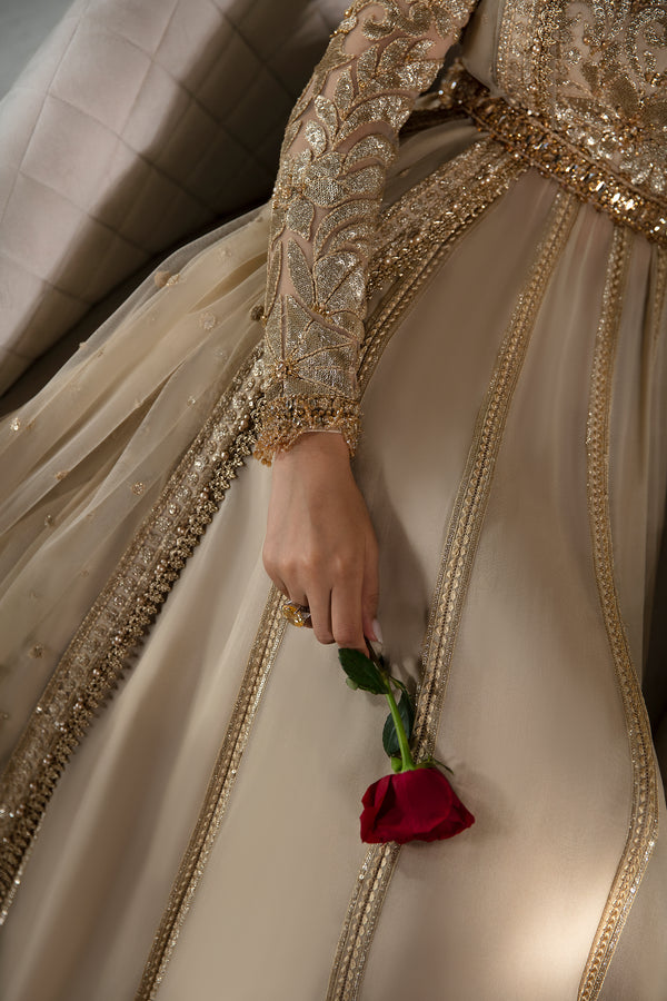 Pakistani Champagne Gold Hand-Embroidered Chiffon & Net Pishwas (3-Piece) - Image 6