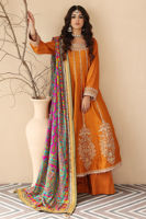 Golden Rust Embroidered Cotton Net Pishwas (3-Piece) - Image 3