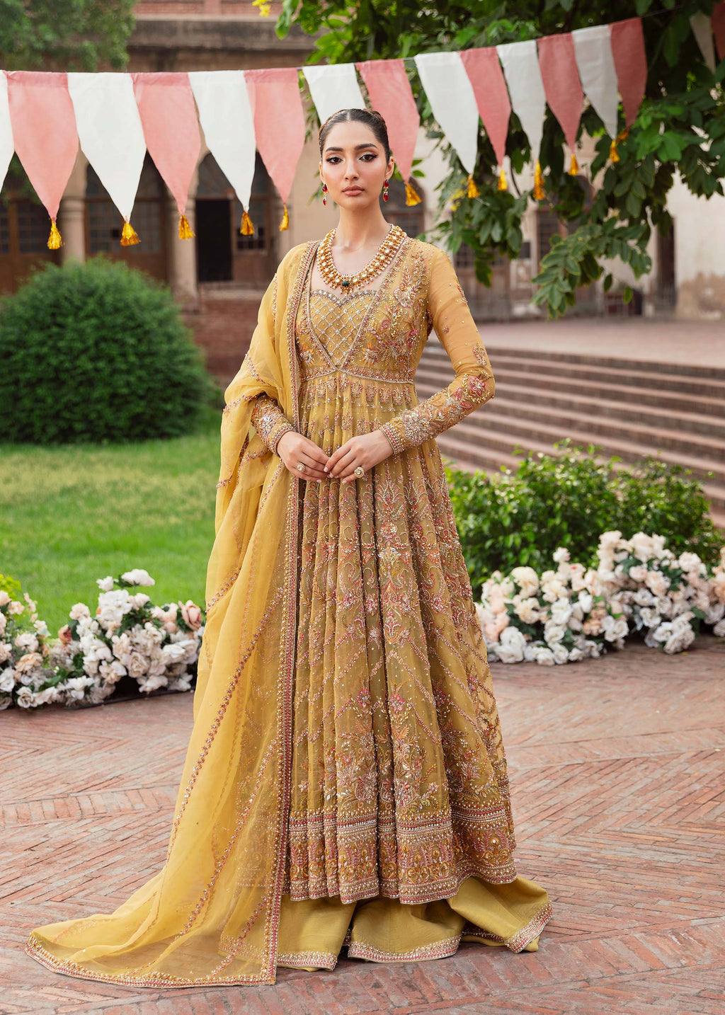 Pakistani Mustard Gold Embroidered Net Bridal Pishwas (3-Piece) - Image 1