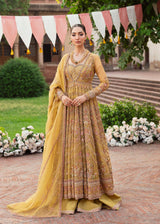 Pakistani Mustard Gold Embroidered Net Bridal Pishwas (3-Piece) - Image 2