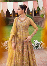 Pakistani Mustard Gold Embroidered Net Bridal Pishwas (3-Piece) - Image 3