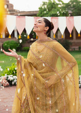 Pakistani Mustard Gold Embroidered Net Bridal Pishwas (3-Piece) - Image 6
