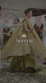 Pakistani Mustard Gold Embroidered Net Bridal Pishwas (3-Piece) - Image 7