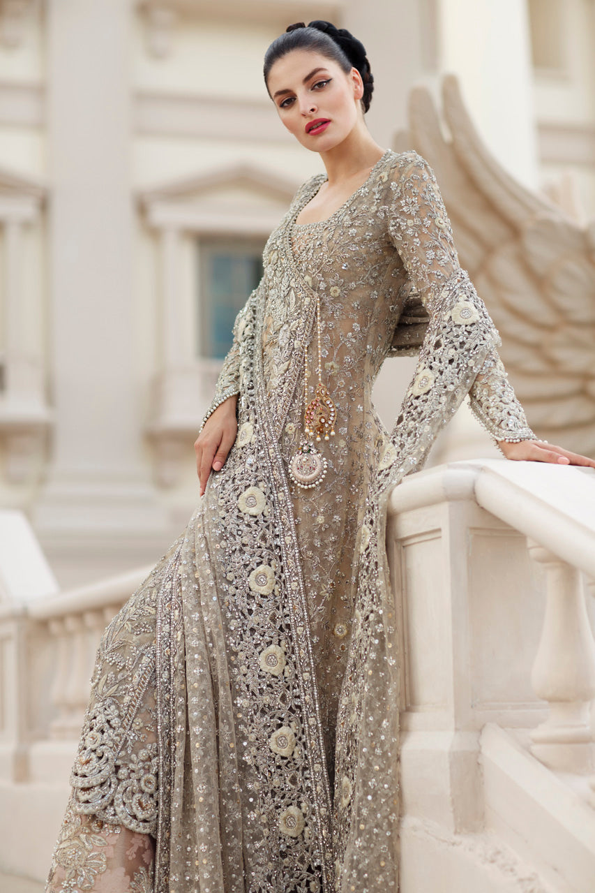 Pakistani Champagne Zardozi French Net Pishwas (3-Piece) - Image 1