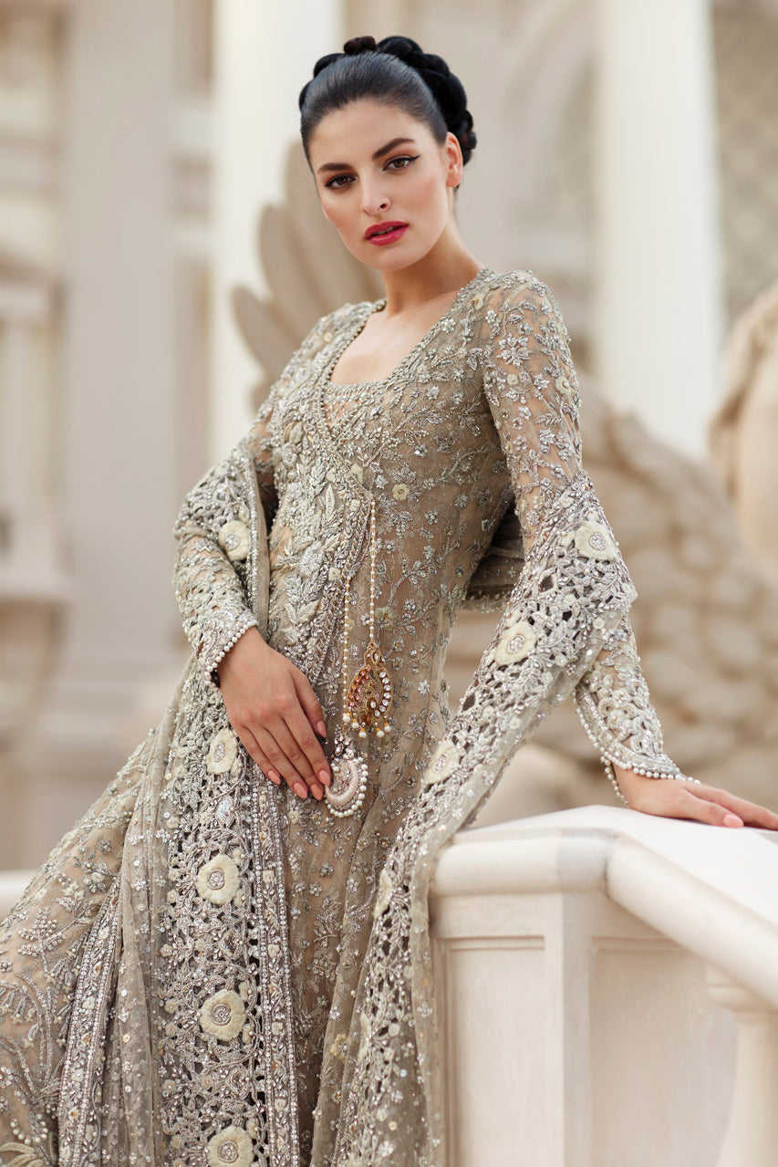 Pakistani Champagne Zardozi French Net Pishwas (3-Piece) - Image 2