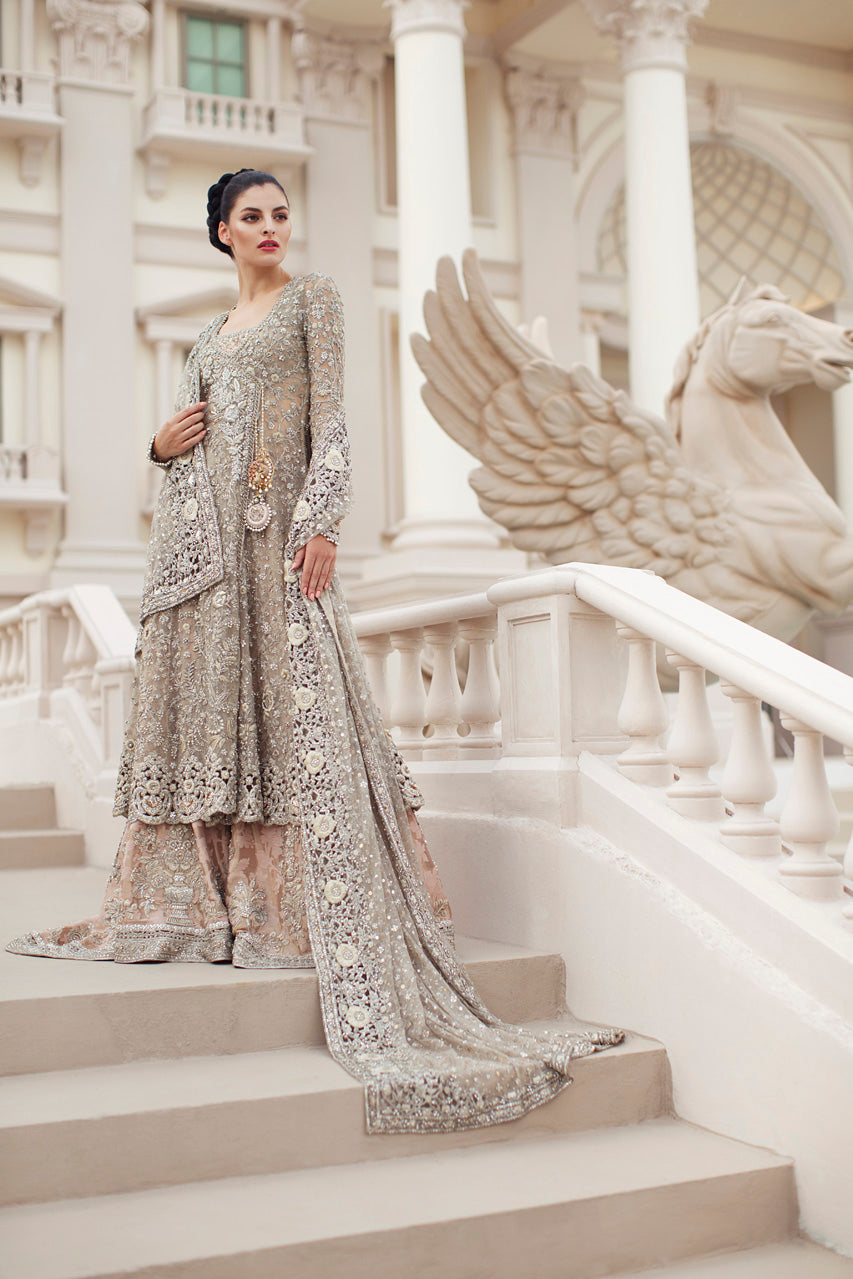 Pakistani Champagne Zardozi French Net Pishwas (3-Piece) - Image 3