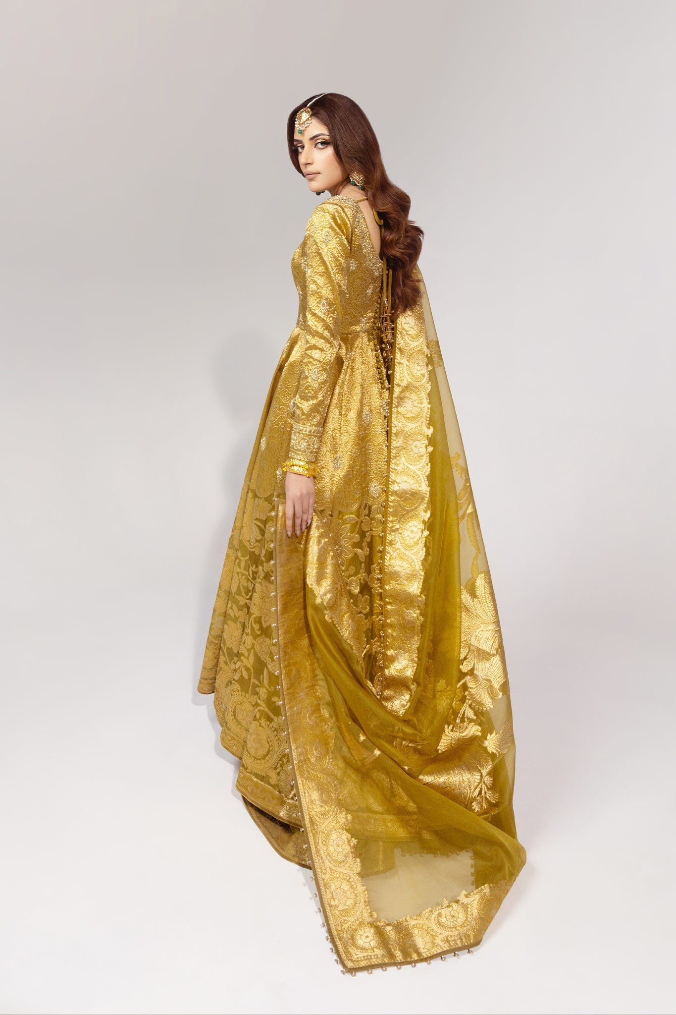 Pakistani Gold Zardozi Jacquard Pishwas Dress (3-Piece) - Image 3