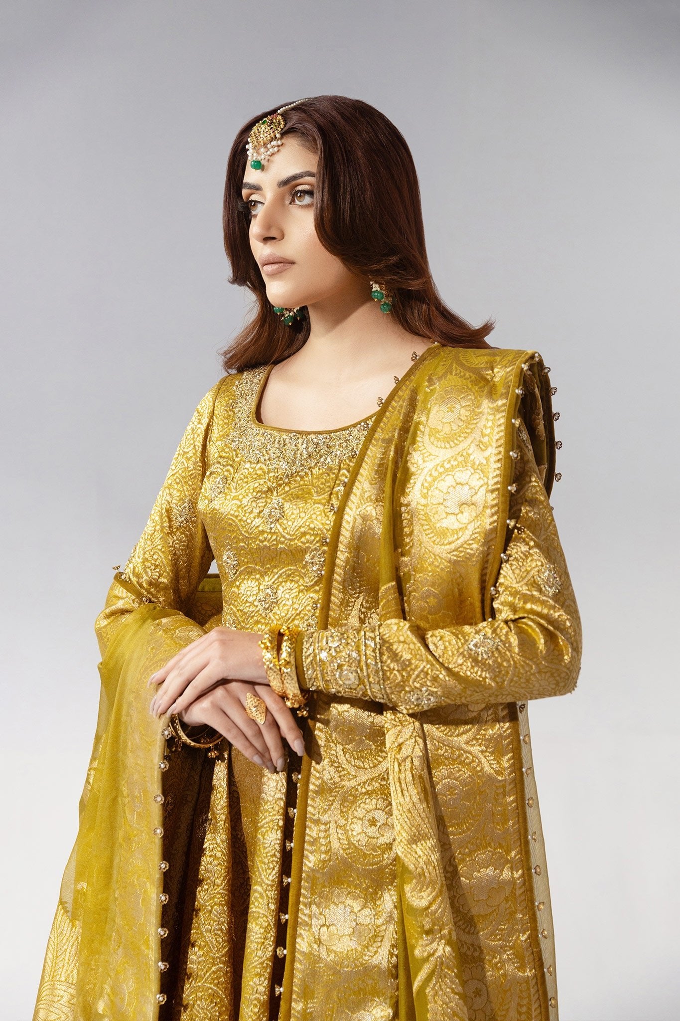 Pakistani Gold Zardozi Jacquard Pishwas Dress (3-Piece) - Image 6