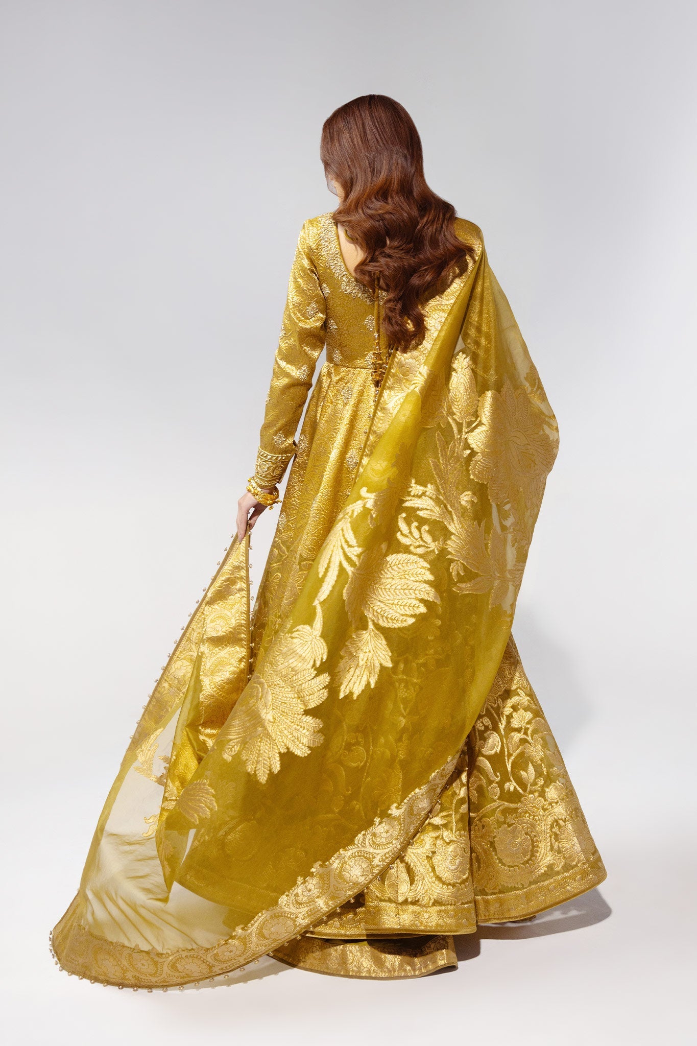 Pakistani Gold Zardozi Jacquard Pishwas Dress (3-Piece) - Image 7